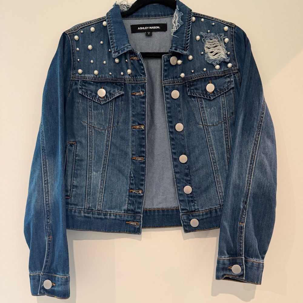 Ashley Mason Distressed Denim Jacket with Pearl Details